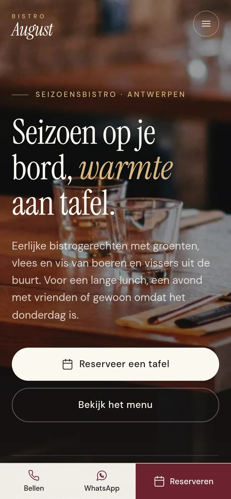 Homepage van Bistro August op een gsm