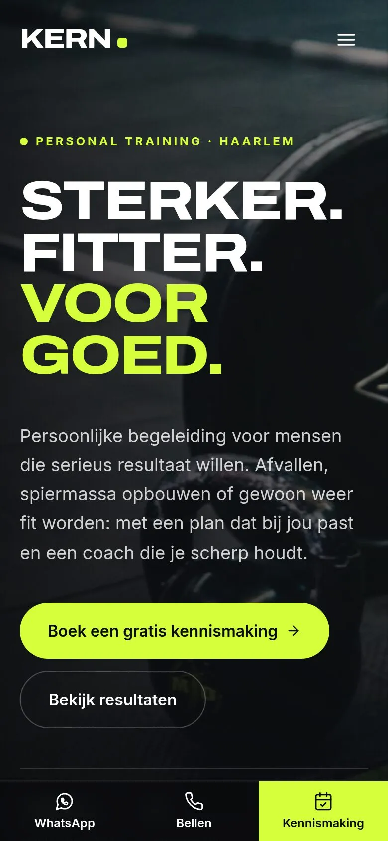 Homepage van KERN Personal Training op een gsm