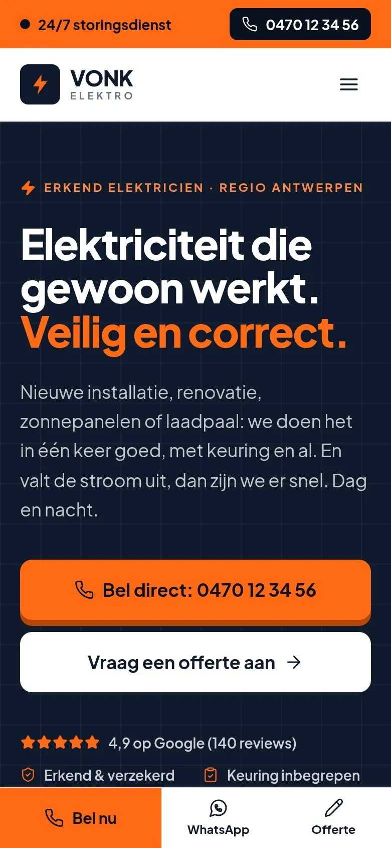 Homepage van VONK Elektro op een gsm