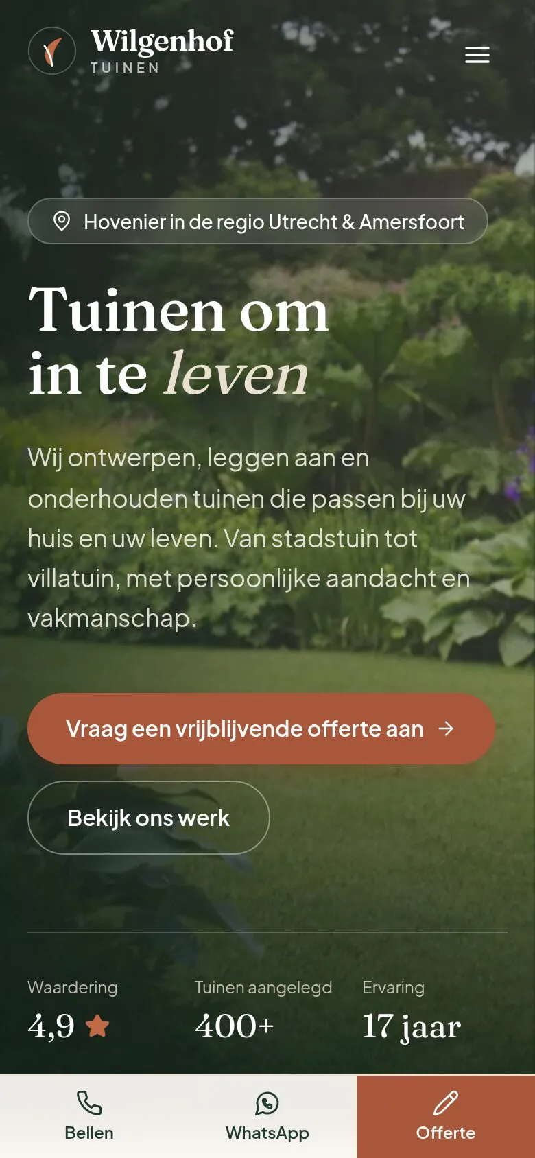Homepage van Wilgenhof Tuinen op een gsm